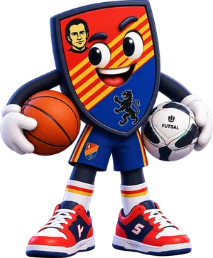 Mascota del club sonriendo con un balón de baloncesto y otro de fútbol sala